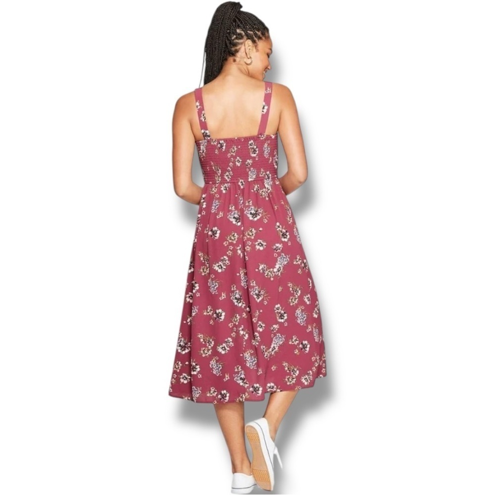 Xhilaration Chic Floral Burgundy Front Buttons Rouched Back Midi Dress - Picture 2 of 16